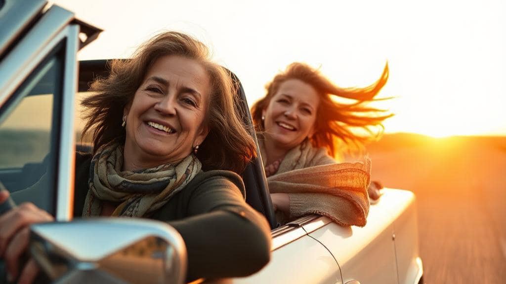 women in midlife driving off into the sunset in a car carefree and happy